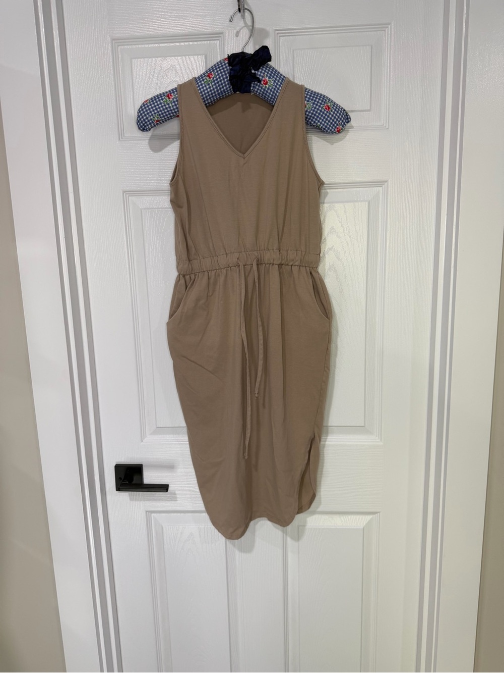 Zenana Outfitters Sleeveless V-Neck Drawstring Midi Dress in Taupe